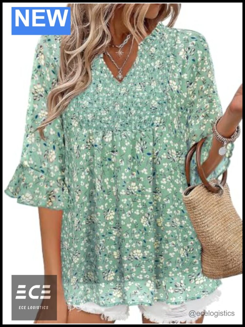 Flowy Chiffon V-Neck Ruffle Blouse 3/4 Sleeve Double Layer